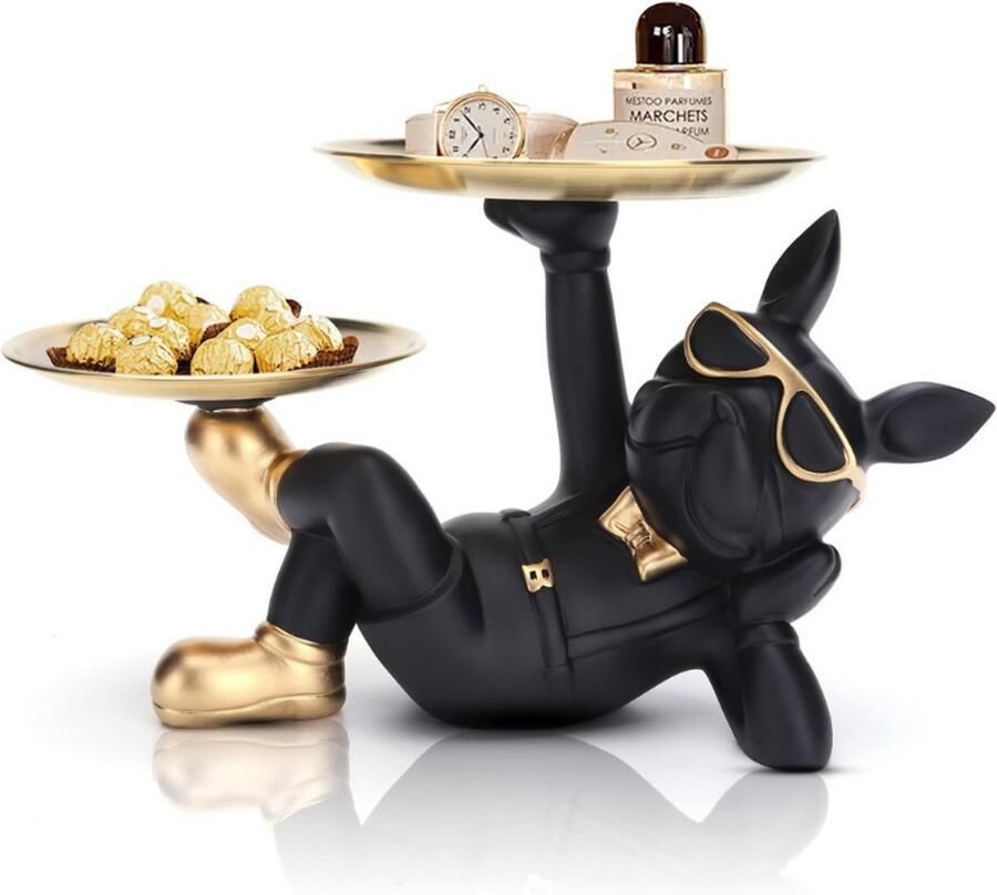 BOG Franse Bulldog Beeldje Met Dienblad Decoratief Harsbeeld Met Opbergruimte Stoere Bulldog Decoratie Voor Huis Bureau Woonkamer Sleutelhouder
