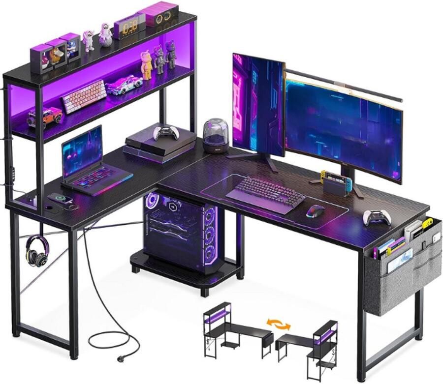 BOG Gaming Bureau Met Led En Stopcontacten 135 X 100 Cm Draaibaar Gamingbureau Met Planken Hoekbureau Met Opbergtas Voor Spelers Zwart