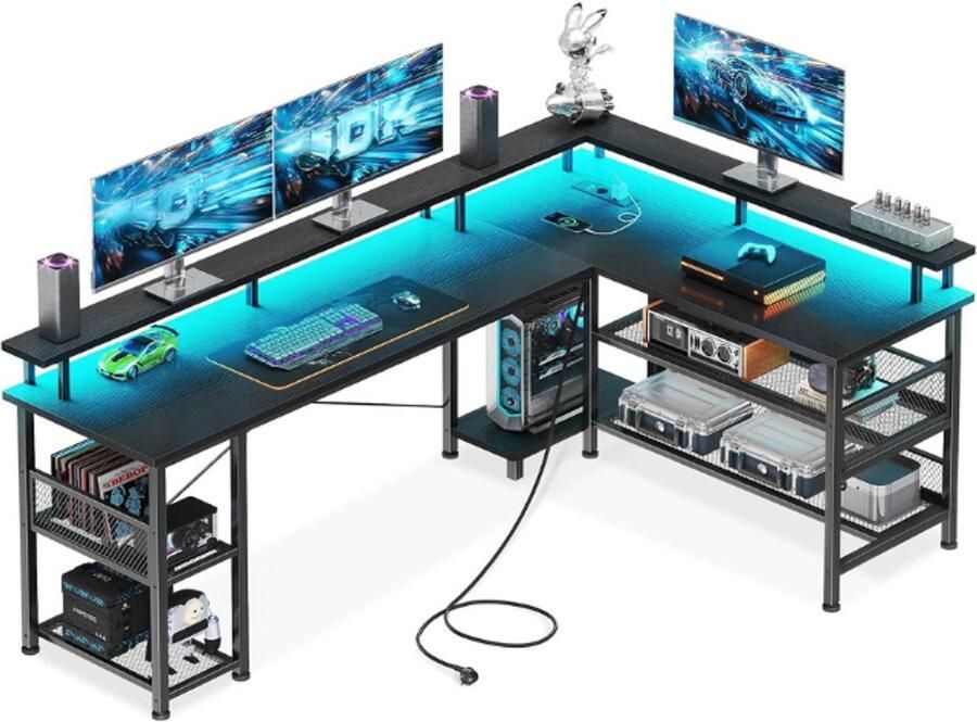 BOG Gaming Bureau Met LED Omkeerbaar Hoekbureau Met 2 Stopcontacten En 2 USB Poorten Groot Gamingbureau Met Netplank Zwart 168 × 120 Cm