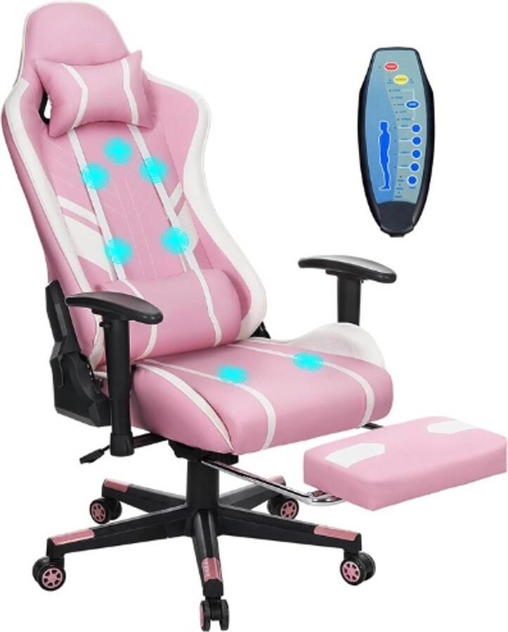 BOG Gaming Stoel 7-Punts Massage Ergonomische Bureaustoel Met Voetsteun Rugleuning 90-175° Verstelbaar 2D Armleuningen Verstelbaar PC Gamer Stoel Kantoorstoel 180 Kg Roze