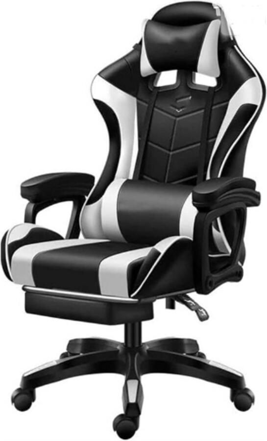 PEAM Ergonomische Gaming Stoel Verstelbare Computer Bureaustoel Draaistoel met Liggende Functie Inklapbare Voetsteun en Kussen Wit