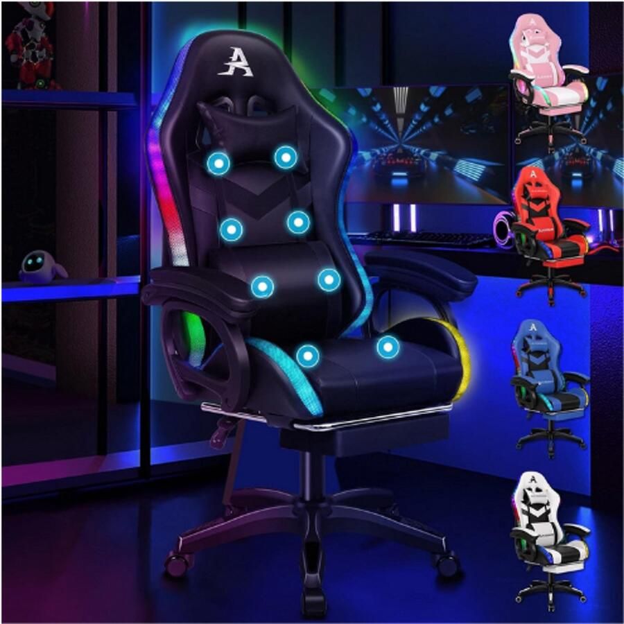 BOG Gaming Stoel met 8-Punts Massage – Ergonomische Bureaustoel met Voetsteun – RGB LED Verlichting 12 Kleuren – Hoofdkussen & Lendenkussen – Geschikt voor Kinderen en Volwassenen – Zwart