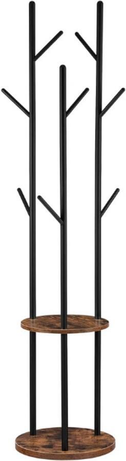 BOG Garderobestandaard Vrijstaand Kledingrek Boomvorm Kapstok Met 8 Haken 2 Ronde Planken Voor Kleding Hoed Tas Woonkamer Slaapkamer Kantoor Vintage Bruin-Zwart