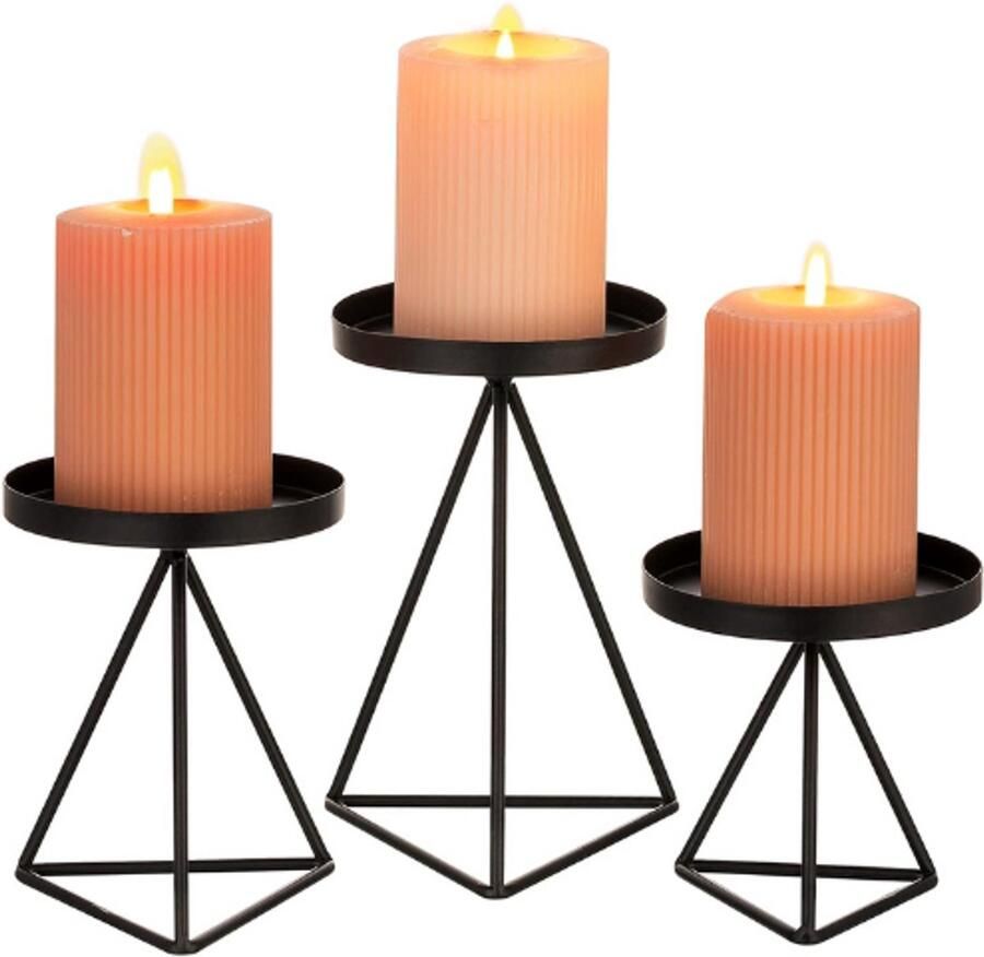 BOG Geometrische Zwarte Kandelaars 3 Stuks Metalen Draad Kandelaars Set Vintage Pijlerkaarsenhouder voor Woonkamer Eetkamer Openhaard Mantel Perfect voor Kerstfeest en Halloween Tafel Centerpieces