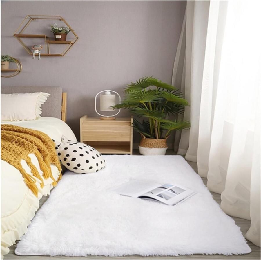 BOG Grote Pluche Zachte Vloerkleed – 120x160 cm – Superzacht Nepbont Tapijt – Wasbaar Hoogpolig Vachtkleed – Luxe Modern Vloerkleed Voor Slaapkamer Woonkamer Bed Wit