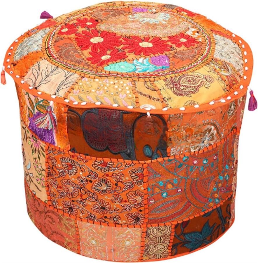 BOG Grote Vintage Poef En Voetenbankhoes Oranje Ethnisch Geborduurd Patchwork Katoenen Poefhoes Traditionele Ronde Stoffen Ottoman Pouf Cover 40cm (16x16x13 Inch)