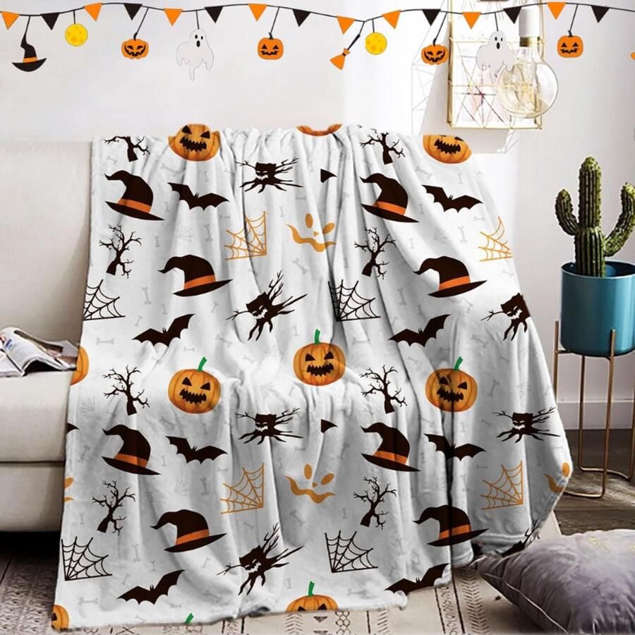 BOG Halloween Deken Met Vleermuizen Pompoenen En Schedels Flanellen Zachte Deken Pluche Spinnen Web Patroon Knusse Deken Voor Bank En Halloween Decoratie (Wit 150 X 200 Cm)