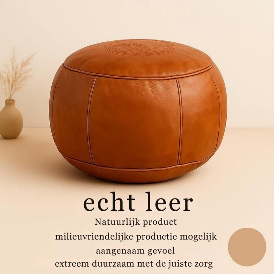 BOG Handgemaakte Marokkaanse Leren Poef Ronde Zitkruk Van Echt Leer Comfortabele Zitzak Voor Volwassenen En Kinderen Voetenbank Ongevuld 45 X 35 Cm