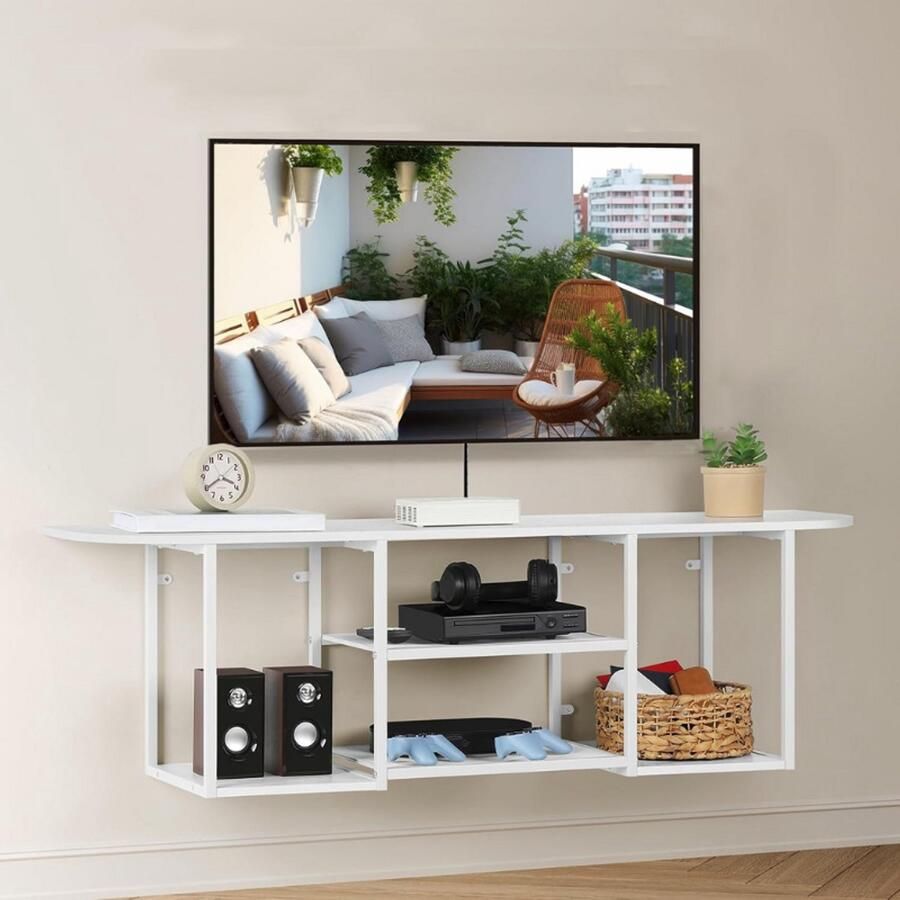 BOG Hangend Tv-Meubel Modern Wit Tv-Kast 120cm Open Planken Multicompartiment Mediaconsole Voor Woonkamer Stevig
