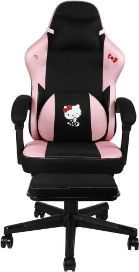 BOG Hello Kitty Gaming Bureaustoel Zwart Roze Verstelbare Rugleuning 150° Met Voetensteun En Kussens Stevig Houten En Metalen Frame Comfortabele Game Chair