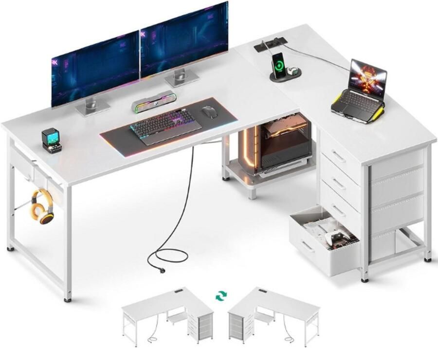 BOG Hoekbureau Met 4 Lades L Vormig Bureau Met Stopcontact En USB Aansluiting Reversibel Bureau Met Opbergruimte Voor Thuiswerk Wit 155×110 Cm