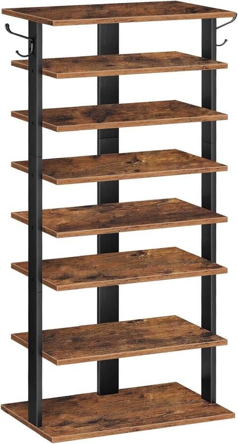 BOG Hoge 8-Laags Schoenenrek Met 2 Haken – Industrieel Rustiek Bruin- Organisator Voor 16 Paar Schoenen- Compacte Schoenenkast 50x28x113 Cm Voor Gang & Woonkamer