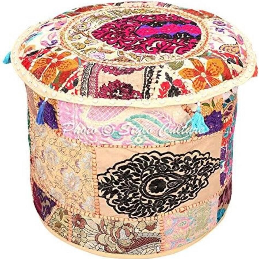 BOG Indiase Poefhoes Rond Groot Beige Etnisch Patchwork Ottomaan Hoes Geborduurd Katoen Traditioneel Stoffen Poefhoes 55cm (22x22x13 Inch) Zonder Vulling