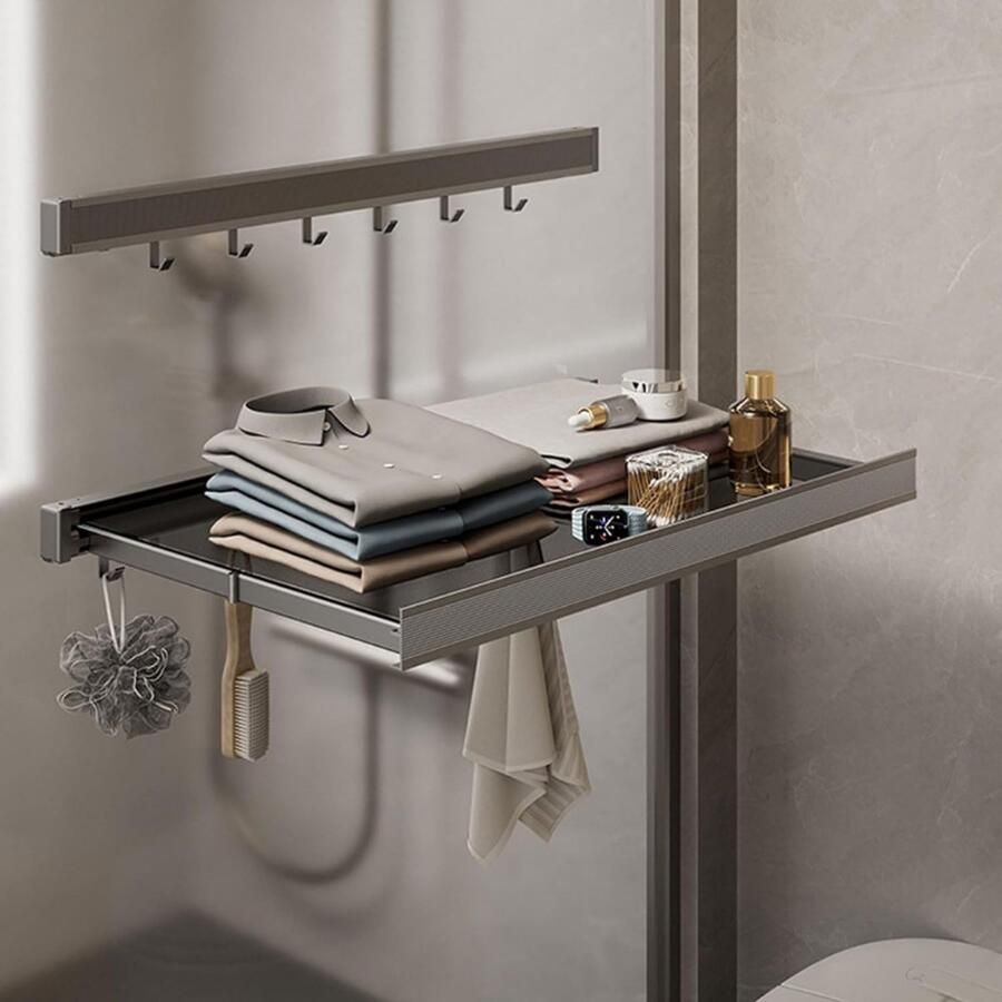 BOG Intrekbaar Droogrek Voor Kleding Wandmontage Droogrek Met Net En 6 Haken Opvouwbaar Wasdroogrek Voor Schoenen Sokken En Ondergoed 60 Lbs Capaciteit