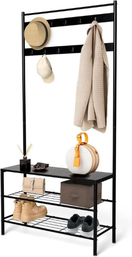 BOG Kapstok Staande Kapstok Garderoberek Met Schoenenrek Inclusief Zitbank 85x32x175CM Met 11 Haken Zwart