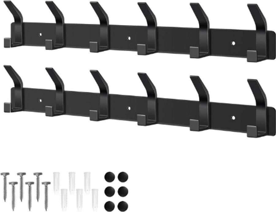 BOG Kapstok Wandhaken Set Van 2 – Wandkapstok Met 6 Haken – Zwarte Wandhaak Voor Jassen Tassen Hoeden Sjaals – Kledinghaak Voor Hal Slaapkamer Badkamer Keuken