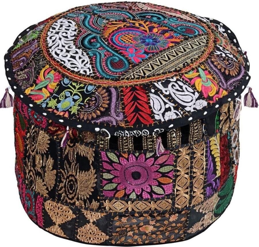 BOG Katoenen Patchwork Geborduurde Ottomaanse Krukhoes Zwarte Bloemen Vintage Stijl Traditionele Ronde Poef Cover Woonkamer Slaapkamer Decoratie