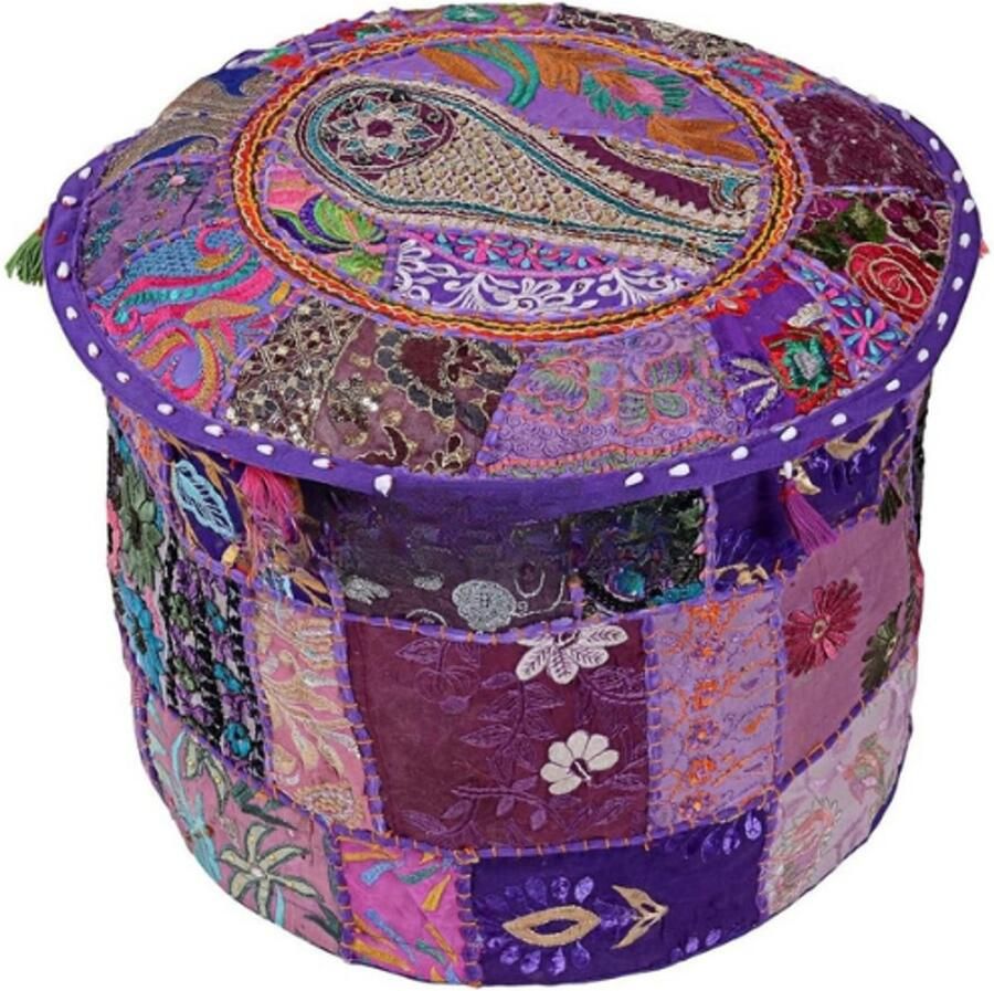 BOG Katoenen Patchwork Geborduurde Poefhoes Oosterse Ottoman Hoes Handgemaakte Bloemen Poefhoes Paars Decoratieve Poef Voor Woonkamer Slaapkamer Of Terras