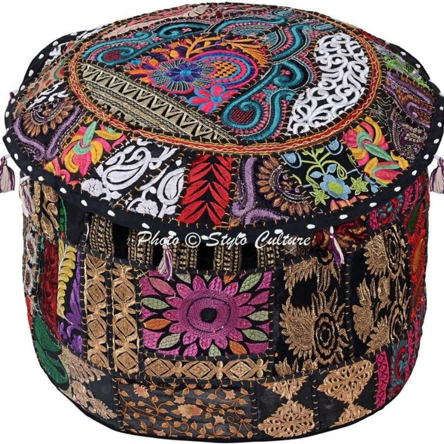 BOG Katoenen Patchwork Poefhoes – Geborduurde Ottoman Krukhoes – Zwart met Bloemen – Traditionele Sierhoes voor Poef & Kruk