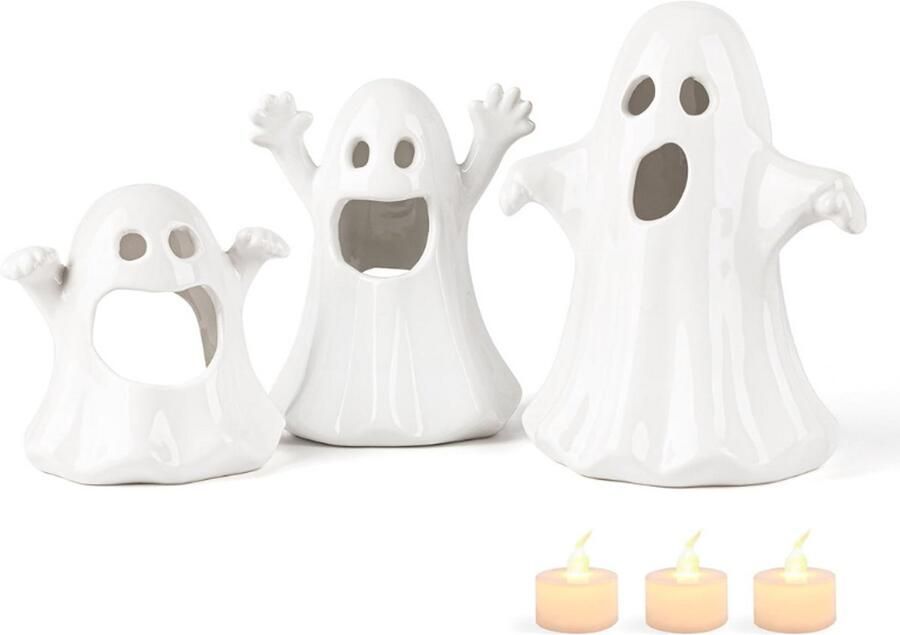 BOG Keramische Geest Theelichthouder Set Van 3 Spookachtige Kaarsenhouders Witte Halloween Decoratie Griezelige Spookbeelden Voor Tafel Of Binnengebruik
