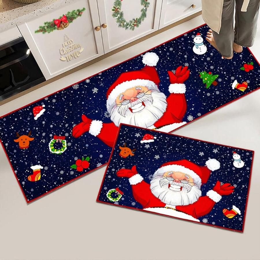 BOG Kerst Keuken Tapijten – Antislip Wasbare Keukenmatten – Set Van 2 Vloerkleden Voor Hal Woonkamer Badkamer En Keuken – Kerstdecoratie – 40x120 Cm + 40x60 Cm