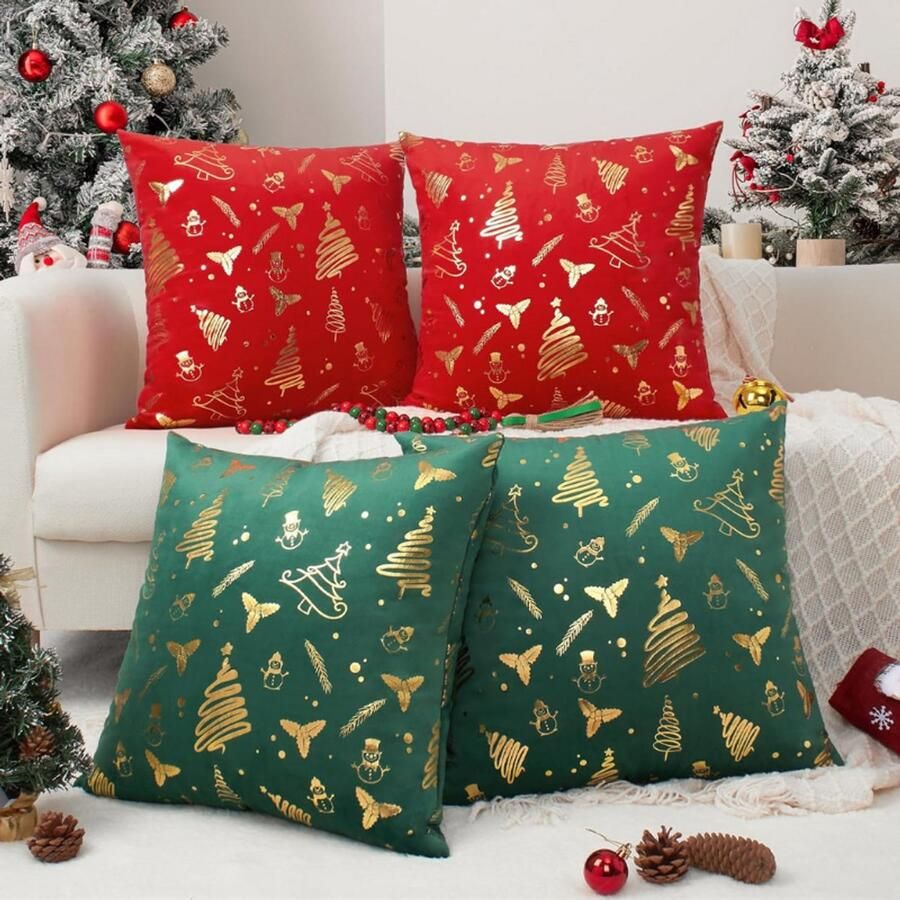 BOG Kerst Kussenhoezen 50x50 Cm Set Van 4 Rood Groen Goud Velvet Sierkussens Kerstboom En Sneeuwpop Ontwerp Decoratieve Hoezen Voor Bank Sofa Woonkamer Kerstdecoratie