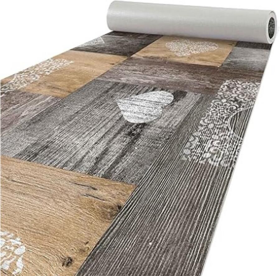 BOG Keukenloper 200x50cm Antislip Keukentapijt Wasbaar Vloerkleed Houten Design Met Hartmotief Bruin Loper Voor Keuken En Gang