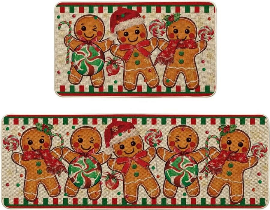 BOG Keukentapijt Set Van 2 Lebkuchenmann Lollipop Design Wasbaar Antislip Keukenmatten 43x73 Cm En 43x118 Cm