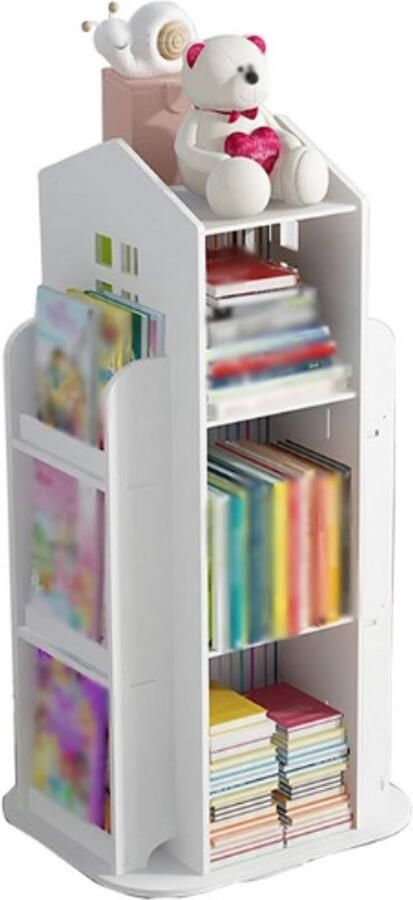 BOG Kinderboekenkast Eenvoudige Boekenkast Cartoon Kinder Boekenkast Voor Thuis Kleuterklas Speelgoed Opbergrek Roterende Kleine Boekenkast Wit 41x41x95cm