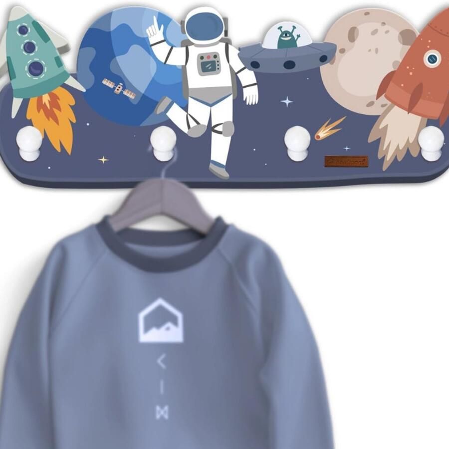 BOG Kindergarderobe Met 4 Haken Wandkapstok Met Ruimte Astronaut Voor Kinderkamer Kapstok Van Hout Te Boren Beukenhouten Kledinghaken 39 x 15 x 5 cm