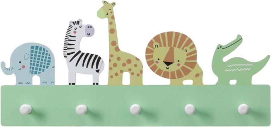 BOG Kinder Kapstok Safari Dieren – Wandkapstok Voor Kinderkamer – 5 Haken – MDF Kledinghanger Voor Jassen Tassen En Accessoires