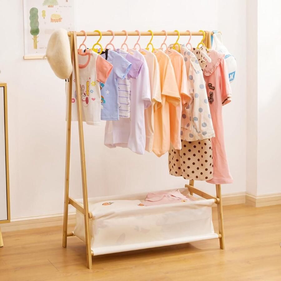 BOG Kinderkledingrek Bamboe Kapstok Met Opbergkist En Kledingstang Kinderkapstok Voor Baby- En Peuterkamer Natuurlijke Kindergarderobe Voor Meisjes En Jongens