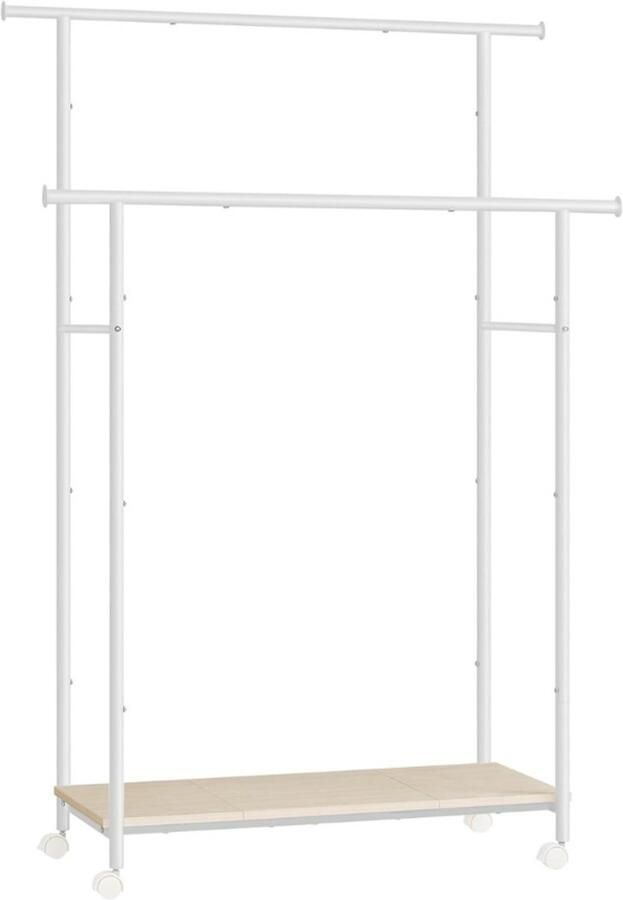 BOG Kledingrek Met Wielen Dubbele Kledinghanger Met Legplank 100KG Draagvermogen 98.5CM Breed Sterk Stalen Frame Beige-Wit Design Verrijdbaar Kledingrek Voor Hal Of Slaapkamer