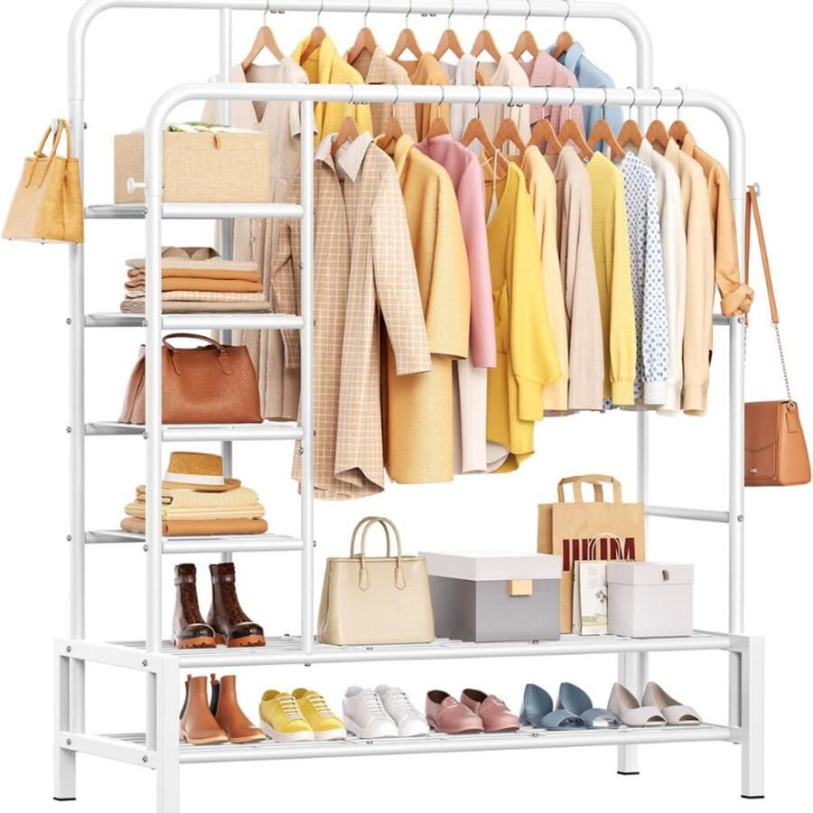 BOG Kledingrek Slaapkamer Metalen Kledingstang Met Dubbele Rail Vrijstaand Kledingrek Met Schoenenrek Opbergplanken En 4 Kapstokhaken Voor Thuis Kantoor Binnen Wit