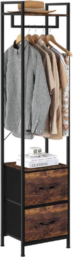 BOG Kledingrek Vrijstaand – Met Lade – Smal Metalen Kledingrek – Kapstok Voor Slaapkamer – 180x40x30 cm – Vintage Bruin