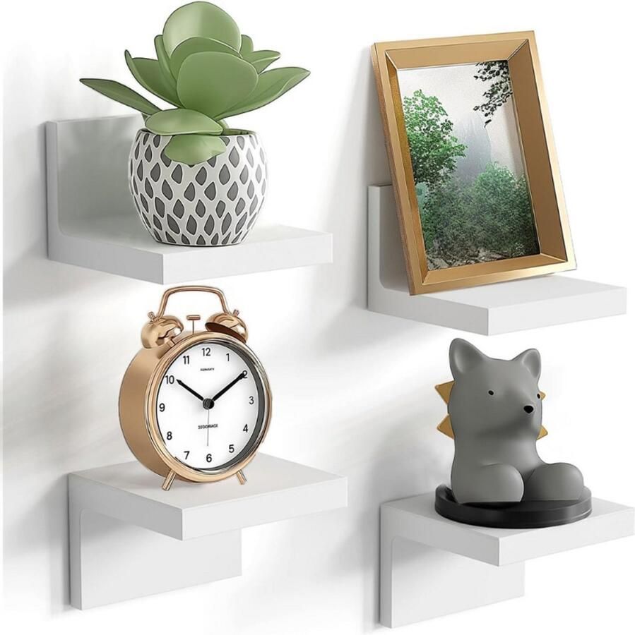 BOG Kleine Wandplank Voor Decoratie Woonkamer 4 Stuks Mini Zwevende Planken Voor Fotoweergave Witte Wandgemonteerde Opbergplank Voor Popfiguren 2 Soorten Installatie Lijm Of Schroef