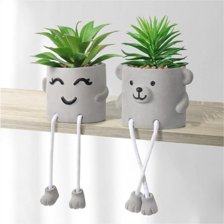 PEAM Kunstmatige Potplant Schattige Nep Vetplant met Hangende Poot Cement Faux Vetplant Pot Perfecte Decor voor Thuis Kantoor Tafel Bureau Woonkamer Planken (2 Stuks)