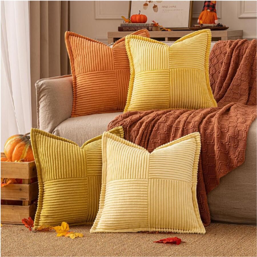 BOG Kussenhoezen Corduroy 50x50 Cm Set Van 4 Oranje Sierkussenhoezen Fluwelen Kussenhoezen Voor Bank En Slaapkamer Decoratieve Kussensloop