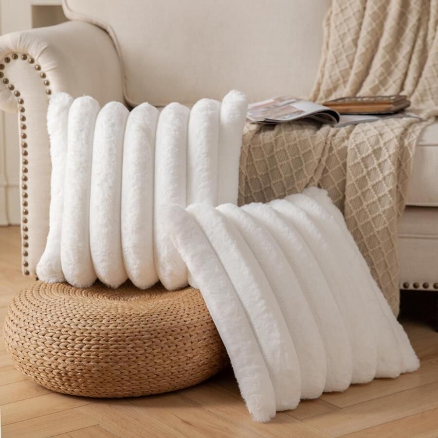 BOG Kussenhoezen Set Van 2 Gestreept Design 50x50 Cm Crème Wit Sierkussenhoezen Voor Bank En Slaapkamer Decoratief Nepbont Kussenhoes