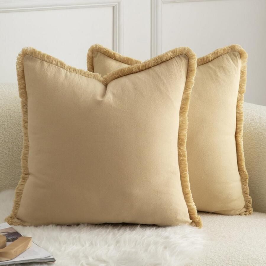 BOG Katoenen Kussenhoezen 65x65 Cm Set Van 2 Boho Sierkussenslopen Met Kwastjes Kaki Decoratieve Kussenhoezen Voor Bank Slaapkamer Woonkamer