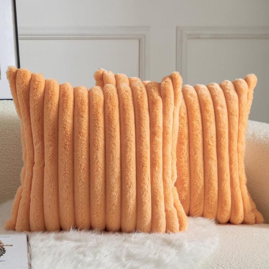 BOG Set Van 2 Kussenhoezen 65x65 Cm Oranje Superzacht Gestreept Kunstbont Fluffy Sierkussens Voor Bank Woonkamer Slaapkamer Luxe En Warme Kussenovertrek