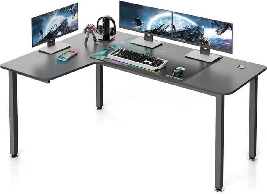BOG L-Vormig Gaming-Bureau 155 x 110 Cm Hoekbureau Grote PC-Gaming-Tafel Met Kabelbeheersysteem Inclusief Muismat Voor Thuiskantoor Zwart Links