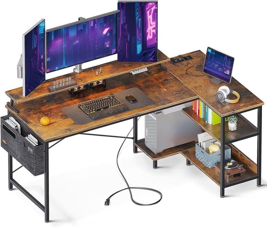 BOG L-Vormig Hoekbureau Met USB & Stopcontact – Omkeerbaar Design Met Monitorstandaard – Gaming & Werkstation (Bruin-147x80Cm)