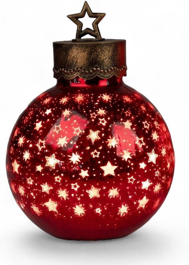 BOG LED Decoratieve Stervormige Glazen Bal 30 Cm Rood – Timer 6 18U- Inclusief 3 AAA Batterijen – Sfeervolle Herfst- Winter- En Kerstdecoratie Voor Tafel- Plank & Vensterbank
