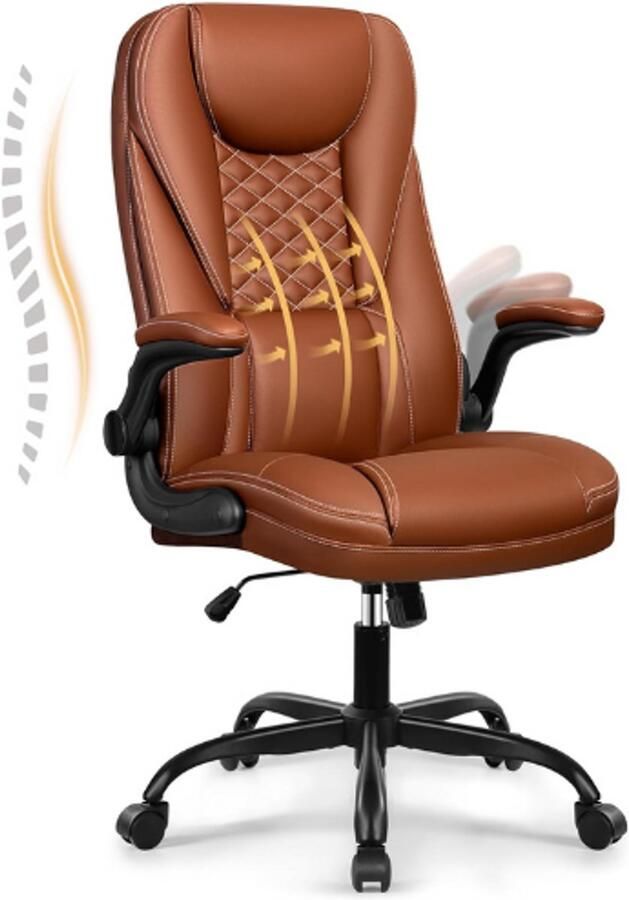 BOG Leren Ergonomische Bureaustoel 135° Kantelfunctie Hoogte Verstelbaar Hoofdsteun en Verstelbare Armleuningen Bruin SDA022 Brown-DC-FR