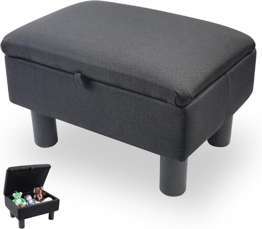BOG Linnen Poef Met Opbergruimte Voetenbank Met Houten Poten Zitkubus Met Deksel Opbergdoos Voor Woonkamer Slaapkamer Hal Zwart