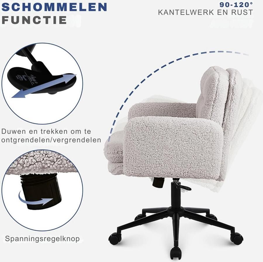 BOG Luxe Bureaustoel Van Imitatie Kasjmier – Ergonomische En Verstelbare Make-up & Werkstoel Voor Thuis Of Slaapkamer – Crème Comfort