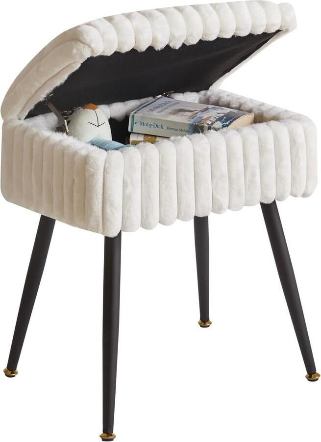 BOG Luxe Fluwelen Make-Upkruk Met Opbergruimte – Rechthoekige Ottomaan Voor Slaapkamer- Woonkamer Of Kaptafel – Wit