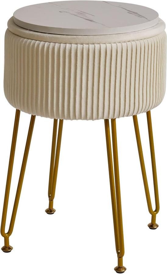 BOG Luxe Fluwelen Voetenbank Met Opbergruimte – Roomwitte Ottomaanse Kruk & Make-Up Vanity Kruk Met Goudkleurige Stalen Poten En Afneembare Bovenkant