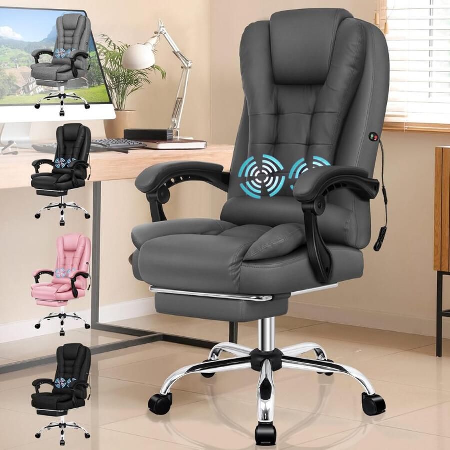 BOG Massage Bureaustoel Ergonomisch Ontwerp Met Grote Bekleding Kunstleer Grijs Luxe Kantoorstoel Met Comfort En Ondersteuning